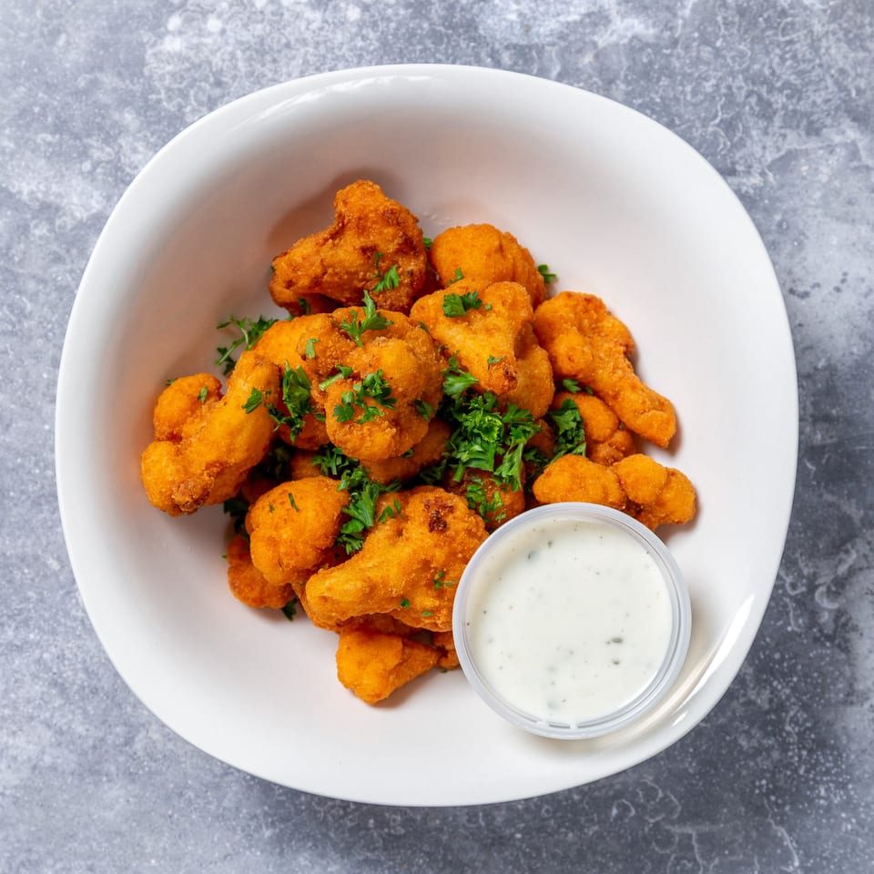 Crispy fried cauliflower bites, garnished with parsley, and a side of creamy dipping sauce in a white bowl.